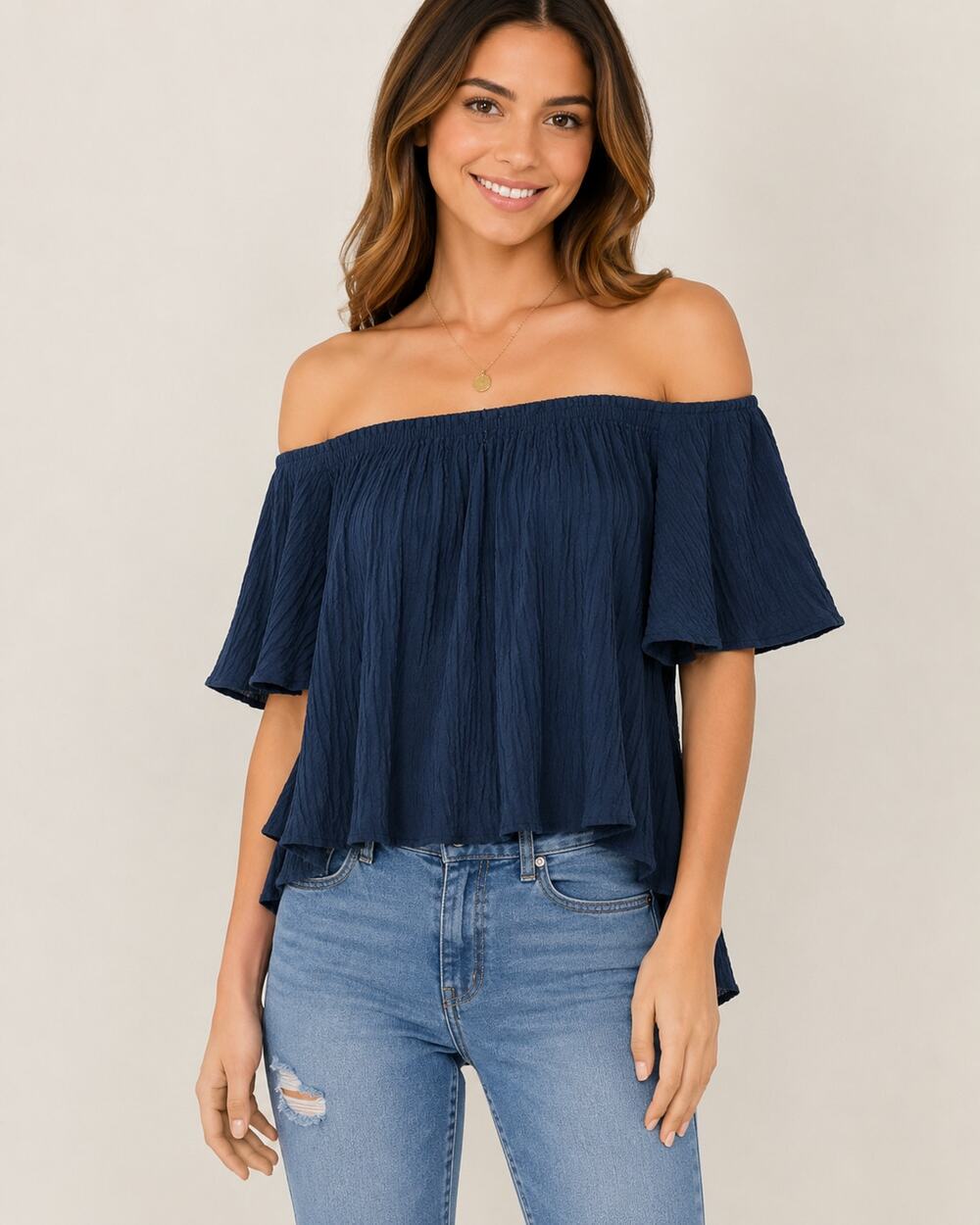 Velia Sierra Italian Linen Textured Off-The-Shoulder Top Deep Navy Size Medium